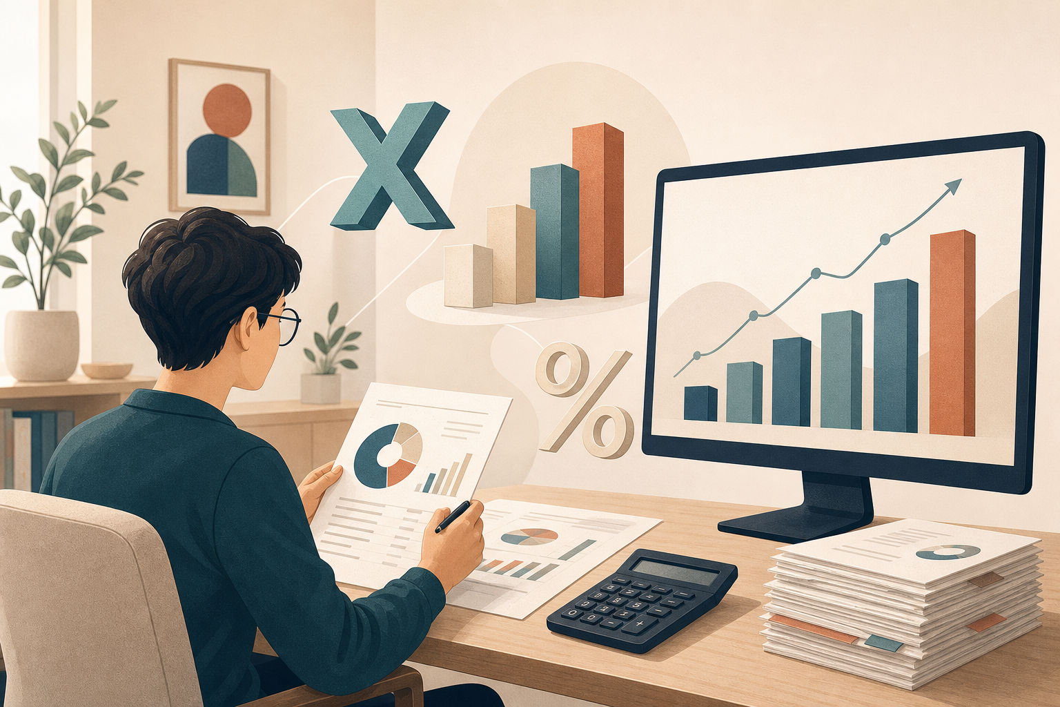 Analytik u pracovního stolu počítá EBITDA a ocenění firmy, ilustrace